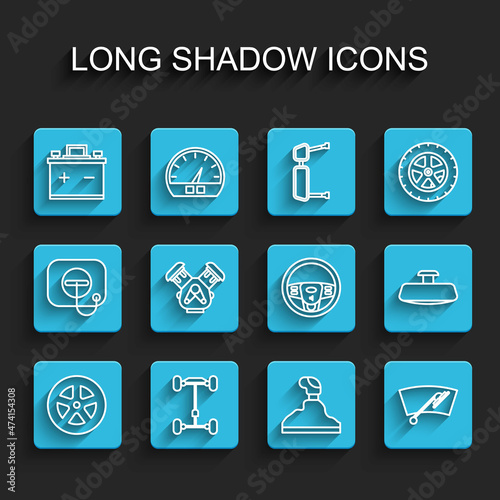 Set line Car wheel, Chassis car, battery, Gear shifter, Windscreen wiper, engine, mirror and Steering icon. Vector