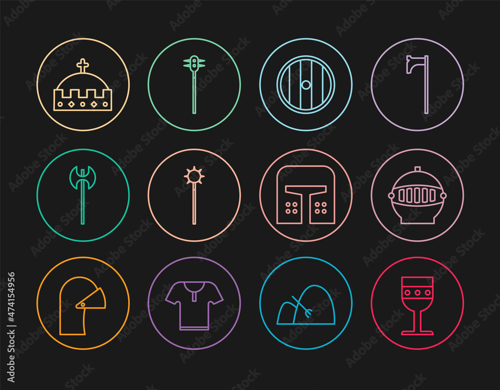 Set line Medieval goblet, iron helmet, Round wooden shield, chained mace ball, axe, King crown, and icon. Vector Set line Medieval goblet, iron helmet, Round wooden shield, chained mace ball, axe, King crown, and icon. Vector