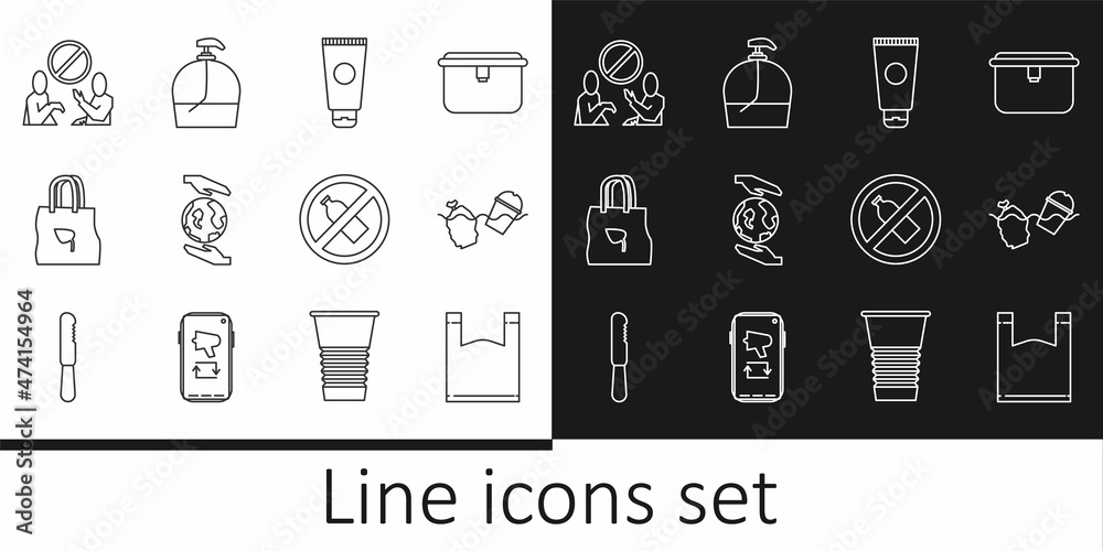 Set line Plastic bag, Problem pollution of the ocean, Cream cosmetic tube, Hands holding Earth globe, Shopping with recycle, Stop plastic, No bottle and Bottle liquid soap icon. Vector
