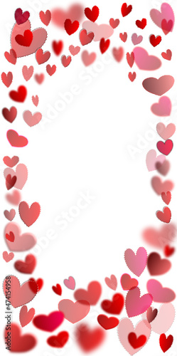 Hearts border vertical on transparent background. Vector graphic. Valentine background with red and pink  hearts