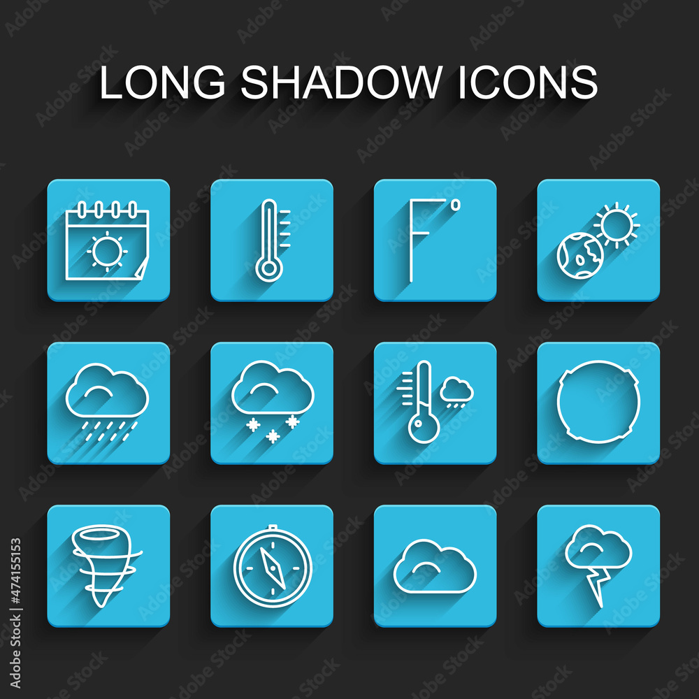Set line Tornado, Compass, Calendar and sun, Cloud, Storm, with snow, Moon and Meteorology thermometer icon. Vector Set line Tornado, Compass, Calendar and sun, Cloud, Storm, with snow, Moon and Meteorology thermometer icon. Vector