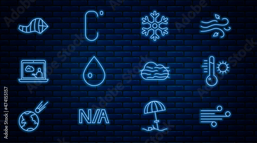 Set line Wind, Meteorology thermometer, Snowflake, Water drop, Weather forecast, Cone meteorology windsock wind vane, Fog and cloud and Celsius icon. Vector
