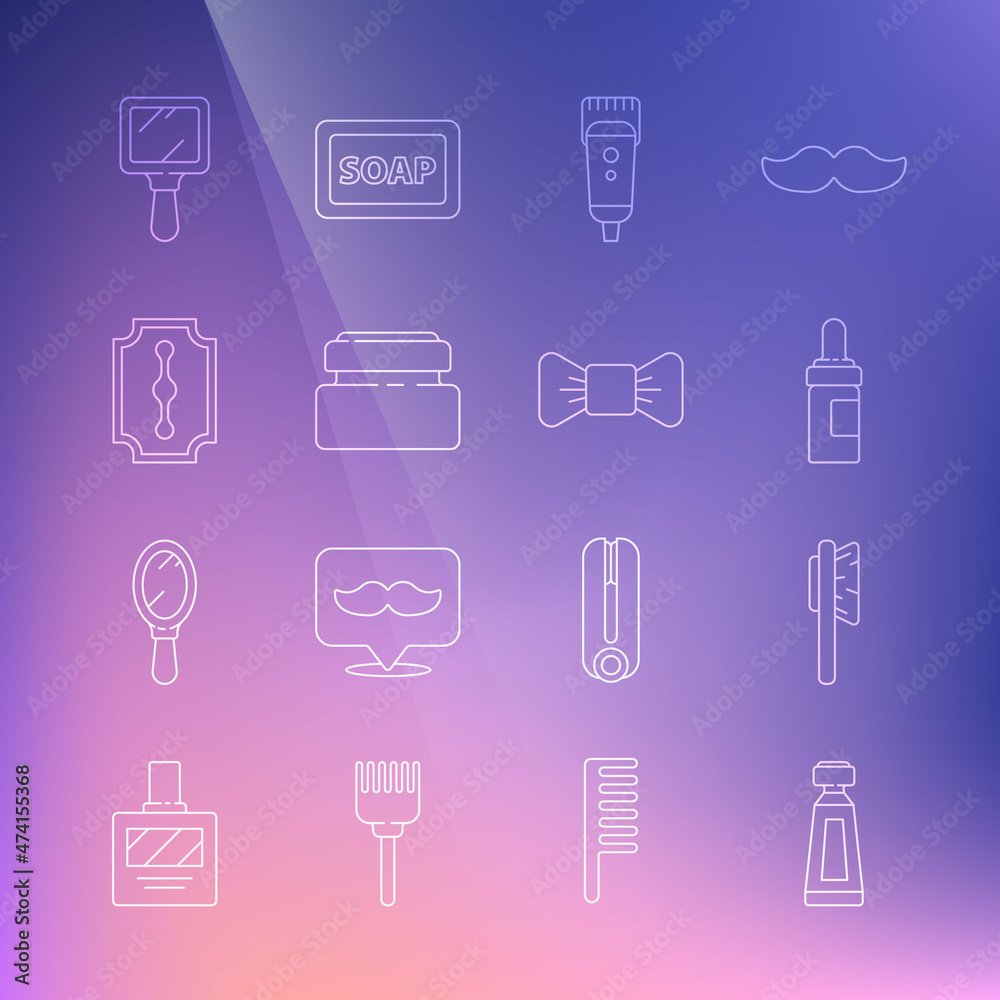 Set line Cream or lotion cosmetic tube, Hairbrush, Beard and mustaches care oil bottle, Electrical hair clipper shaver, Blade razor, Hand mirror and Bow tie icon. Vector