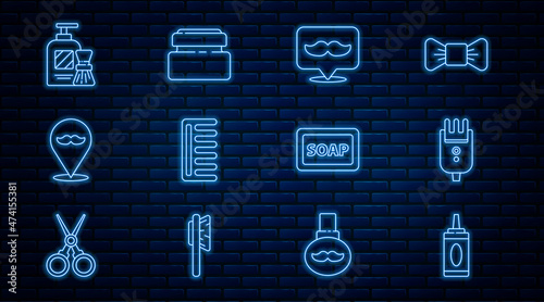 Set line Bottle of shampoo, Electrical hair clipper or shaver, Barbershop, Hairbrush, Shaving gel foam and, soap with and Cream lotion cosmetic tube icon. Vector