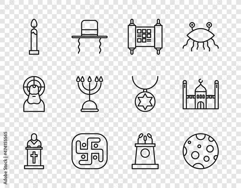 Set line Church pastor preaching, Moon, Decree, paper, parchment, scroll, Jainism, Burning candle, Hanukkah menorah, Stage stand tribune and Muslim Mosque icon. Vector Set line Church pastor preaching, Moon, Decree, paper, parchment, scroll, Jainism, Burning candle, Hanukkah menorah, Stage stand tribune and Muslim Mosque icon. Vector