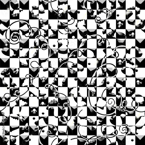 Background seamless texture with a three-dimensional effect. Graphic, contrasting black and white Candies. Template for tumblers, postcards and banners, key chains, Scrapbooking. Abstract sublimation.