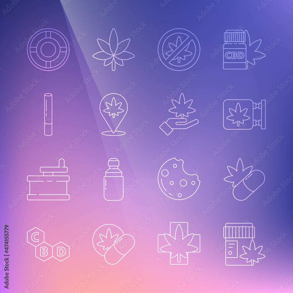Set line Medical bottle with marijuana, pills, Marijuana and cannabis store, Stop leaf, Location, joint, Ashtray and icon. Vector Set line Medical bottle with marijuana, pills, Marijuana and cannabis store, Stop leaf, Location, joint, Ashtray and icon. Vector