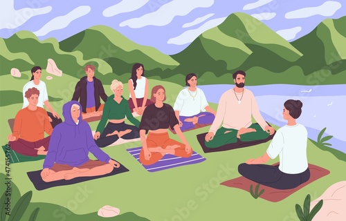Outdoor meditation. Group of people meditating in nature. Breathing yoga and retreat class. Men and women sitting in lotus postures during vipassana mindfulness practice. Flat vector illustration