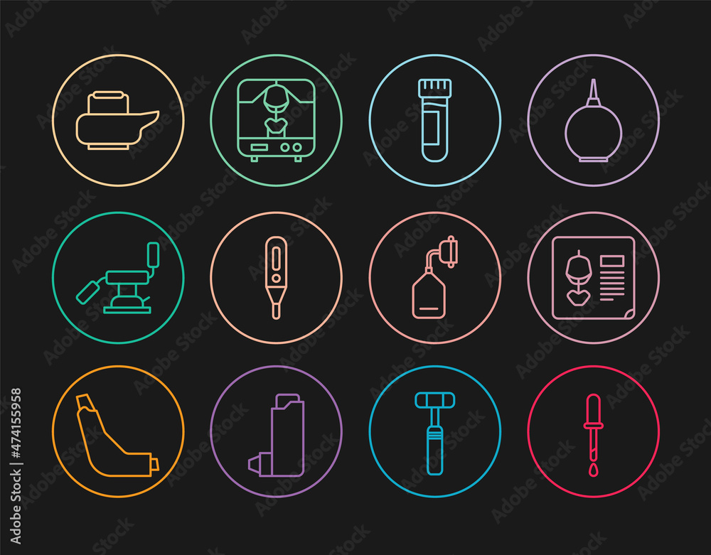 Set line Pipette, X-ray shots, Test tube with blood, Medical digital thermometer, dental chair, Bedpan, oxygen mask and machine icon. Vector