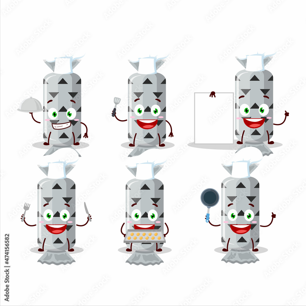 Cartoon character of white long candy package with various chef emoticons