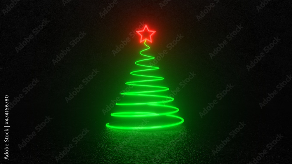 Green glowing light stripes in the shape of a Christmas tree and red star on a black background. The symbol of New Year and Christmas. Winter holiday background. 3D rendering Green glowing light stripes in the shape of a Christmas tree and red star on a black background. The symbol of New Year and Christmas. Winter holiday background. 3D rendering
