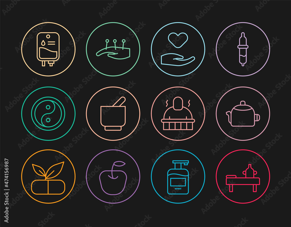 Set line Massage table with oil, Kettle handle, Heart in, Mortar pestle, Yin Yang, IV bag, Sauna spa procedures and Acupuncture therapy icon. Vector Set line Massage table with oil, Kettle handle, Heart in, Mortar pestle, Yin Yang, IV bag, Sauna spa procedures and Acupuncture therapy icon. Vector