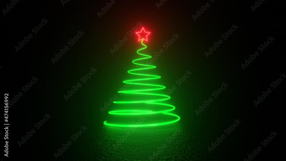 Green glowing light stripes in the shape of a Christmas tree and red star on a black background. Symbol of New Year and Christmas. Winter holiday background. Seamless loop rotation, 3D animation 4K Green glowing light stripes in the shape of a Christmas tree and red star on a black background. Symbol of New Year and Christmas. Winter holiday background. Seamless loop rotation, 3D animation 4K