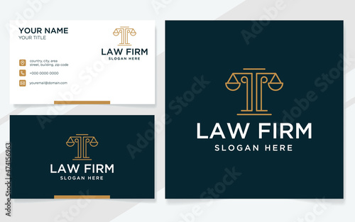 Law firm logo with modern lines suitable for lawyer, court or law office with business card template
