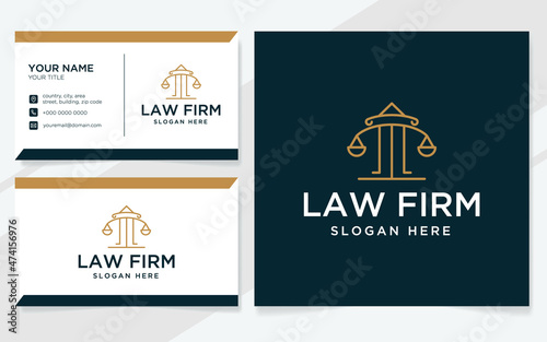 Law firm logo with modern lines suitable for lawyer, court or law office with business card template