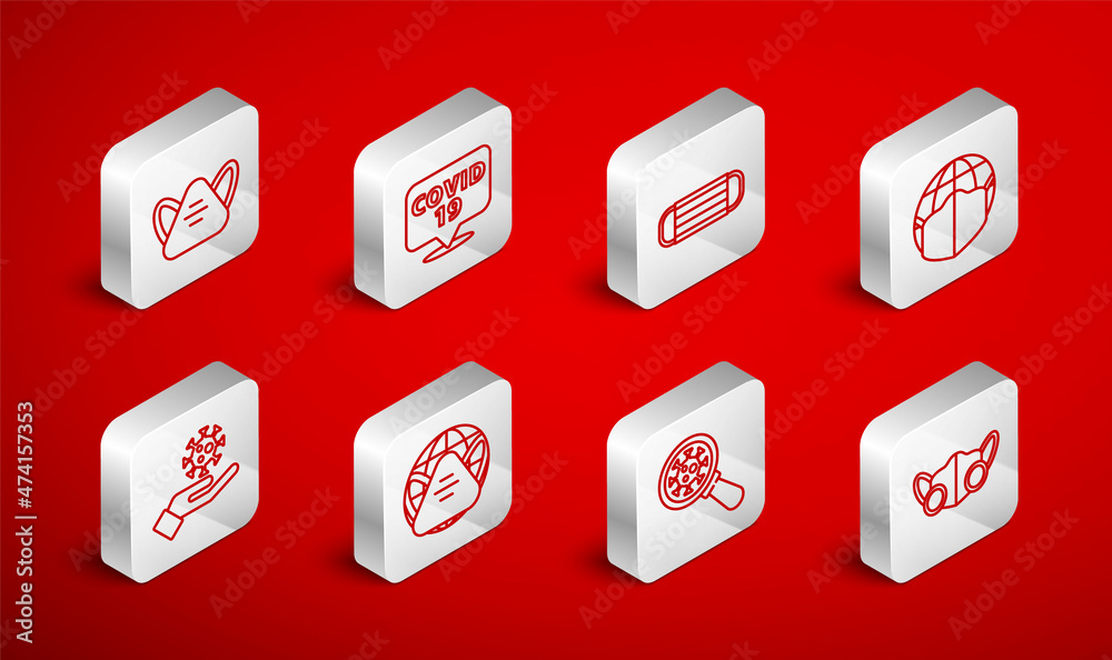Set line Medical protective mask, Corona virus on location, Earth with medical, Virus under magnifying glass, and Hand icon. Vector Set line Medical protective mask, Corona virus on location, Earth with medical, Virus under magnifying glass, and Hand icon. Vector