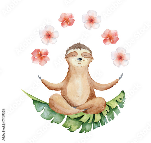 Watercolor yoga sloth in lotus position with flowers cute animal hand drawn illustration