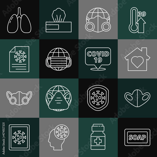 Set line Bar of soap, Medical protective mask, House with heart inside, Earth medical, Clipboard blood test results, Lungs and Corona virus on location icon. Vector