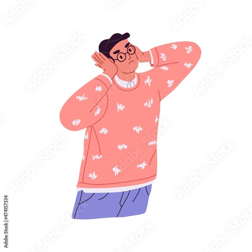 Annoyed person covering and closing ears with hand palms. Irritated angry man don t want to listen loud noisy sounds, protecting from noise. Flat vector illustration isolated on white background