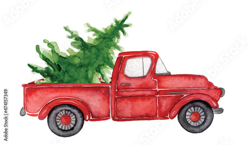 Red Christmas truck with pine trees New year hand drawn watercolor illustration