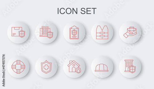 Set line House with shield, Lifebuoy, Document, Worker safety helmet, Delivery security, Health insurance and Fire burning house icon. Vector