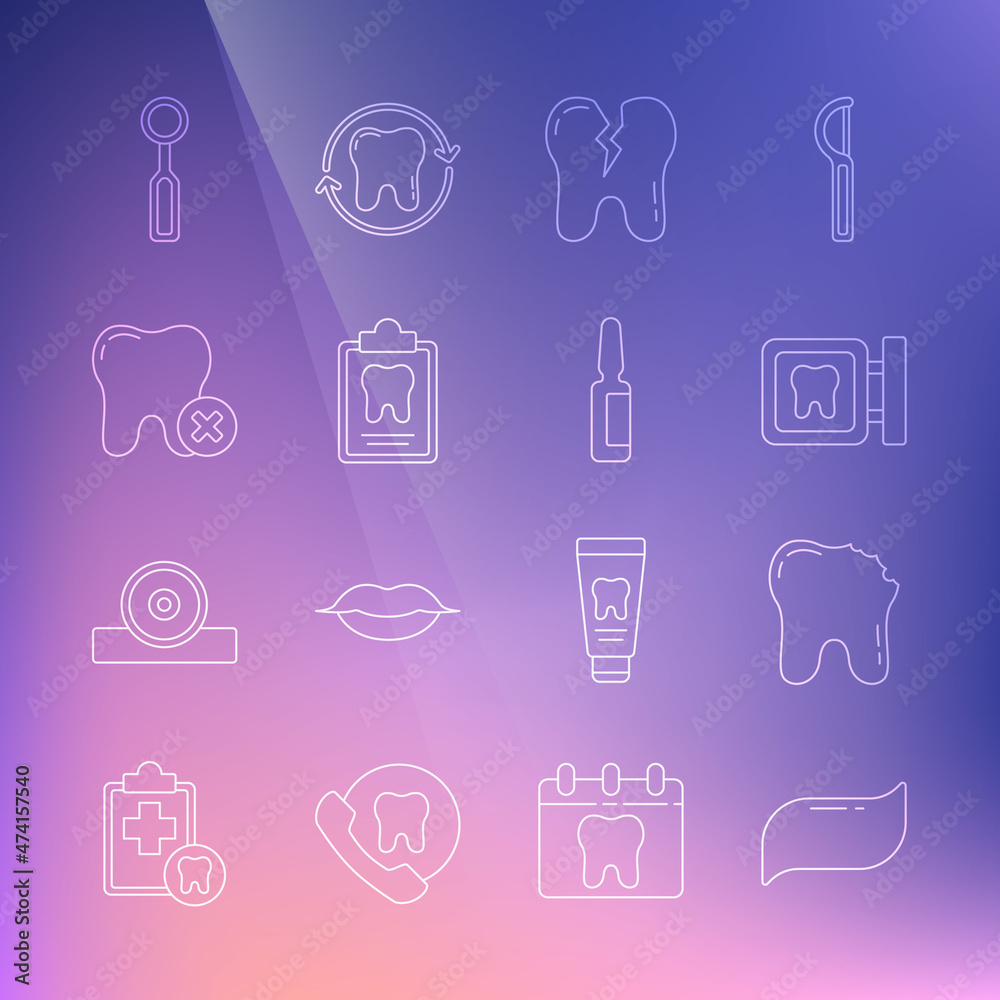 Set line Toothpaste, Broken tooth, Dental clinic location, card, with caries, inspection mirror and Painkiller tablet icon. Vector Set line Toothpaste, Broken tooth, Dental clinic location, card, with caries, inspection mirror and Painkiller tablet icon. Vector