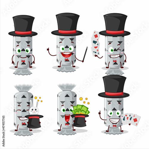 A white long candy package Magician cartoon character perform on a stage