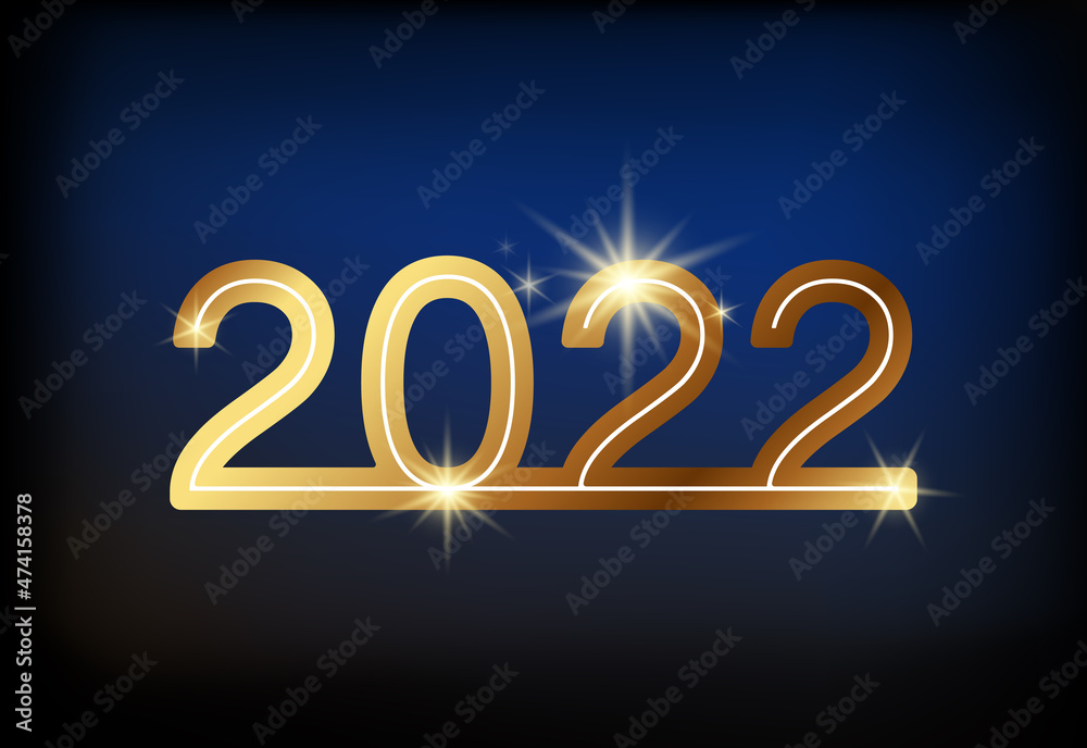 2022. Happy New Year. Isolated design of shining gold and white numbers, text. Creative black background. Stars, holiday. Futuristic 2022, golden serpentine. Elements for calendar and greeting cards 2022. Happy New Year. Isolated design of shining gold and white numbers, text. Creative black background. Stars, holiday. Futuristic 2022, golden serpentine. Elements for calendar and greeting cards