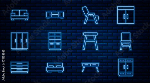 Set line Wardrobe, Chair, Armchair, Sofa, and Chest drawers icon. Vector