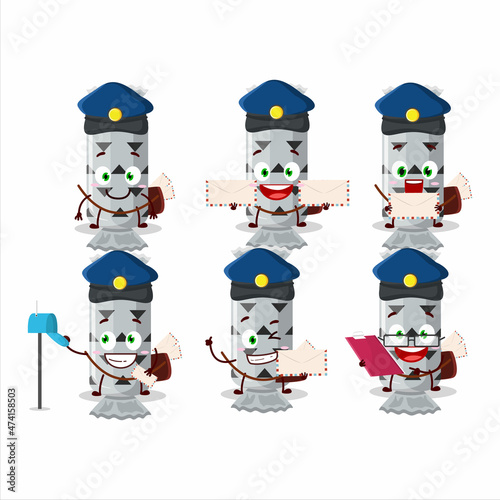 A picture of cheerful white long candy package postman cartoon design concept