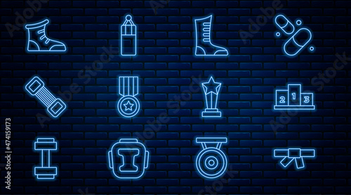 Set line Black karate belt, Award over sports winner podium, Sport boxing shoes, Medal, Chest expander, cup and Punching bag icon. Vector photo