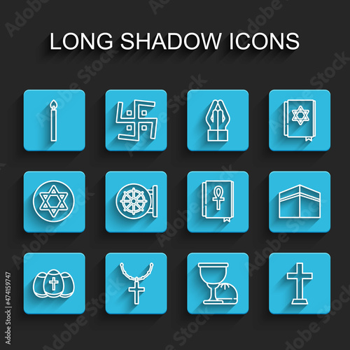 Set line Easter egg, Christian cross on chain, Burning candle, Holy grail or chalice, Dharma wheel, Kaaba mosque and Cross ankh book icon. Vector