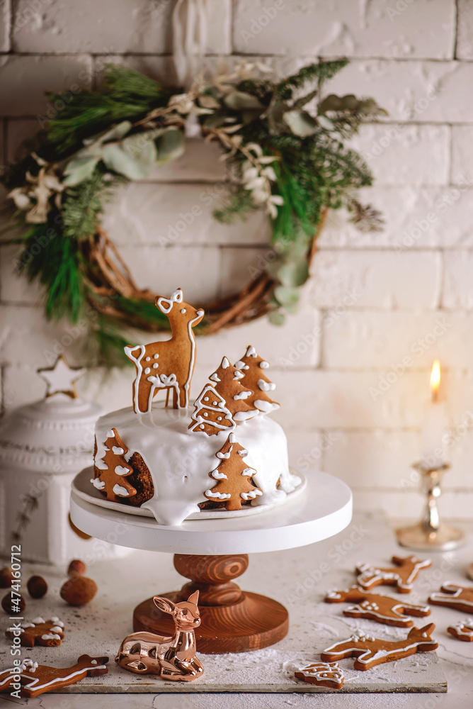 Christmas mature cake on a Christmas rustic background