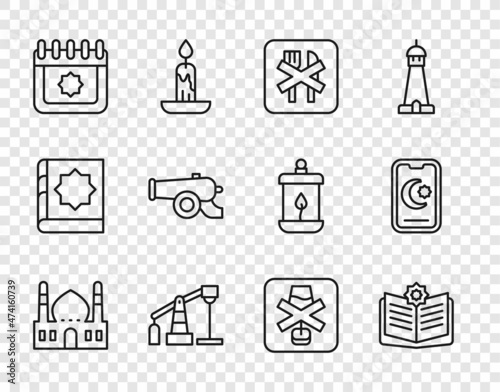 Set line Muslim Mosque, Holy book of Koran, Ramadan fasting, Oil pump pump jack, calendar, cannon, No alcohol and Star and crescent icon. Vector