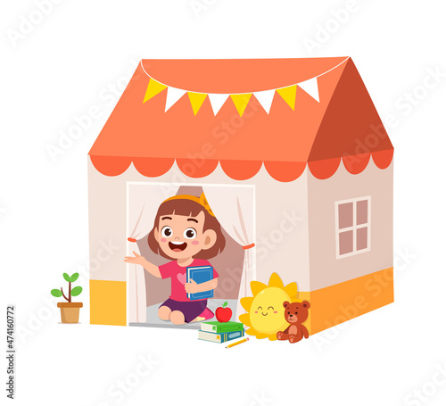 cute little girl play inside small tent