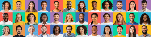 Headshots of young diverse smiling happy guys and ladies on colorful backgrounds, panorama