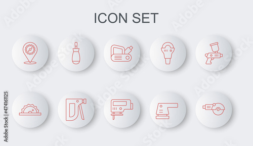 Set line Angle grinder, Electric circular saw, planer tool, sander, Circular blade, Screwdriver, Construction stapler and jigsaw icon. Vector