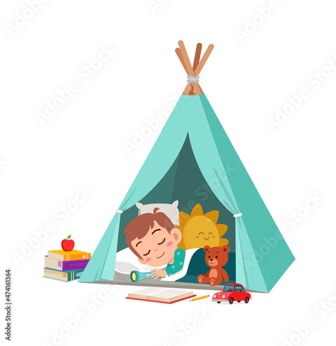 cute little boy sleep inside small tent