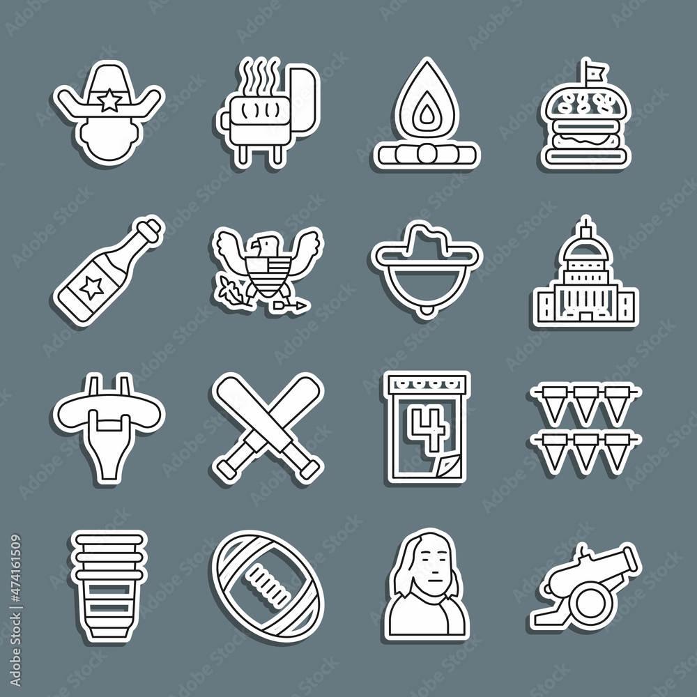 Set line Cannon, Carnival garland with flags, White House, Campfire, Eagle, Champagne bottle, Sheriff cowboy and Western hat icon. Vector