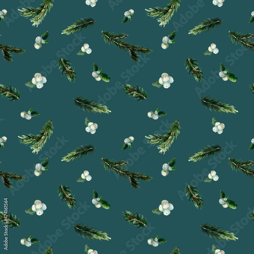 Winter seamless pattern with spruce branch and Snowberry on green background. Watercolor christmas tile. Season design for textile  packaging  wallpaper  covers  wrapping paper.