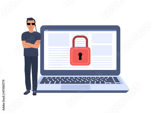 Security guard protects the computer. Computer data protection concept. Vector illustration.