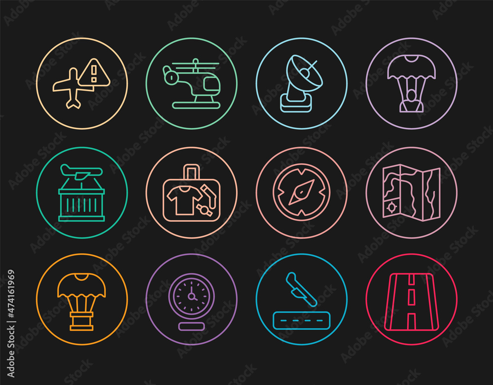 Set line Airport runway, World travel map, Radar, Suitcase, Plane, Warning aircraft, Compass and Helicopter icon. Vector Set line Airport runway, World travel map, Radar, Suitcase, Plane, Warning aircraft, Compass and Helicopter icon. Vector