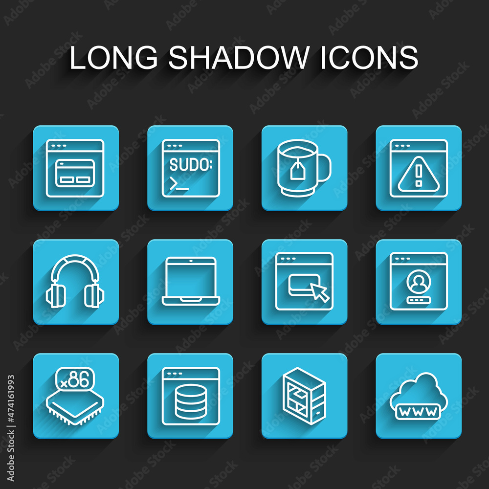 Set line Processor with microcircuits CPU, Server, Data, Web Hosting, Search engine, Computer, development, Laptop, Create account screen and Browser files icon. Vector