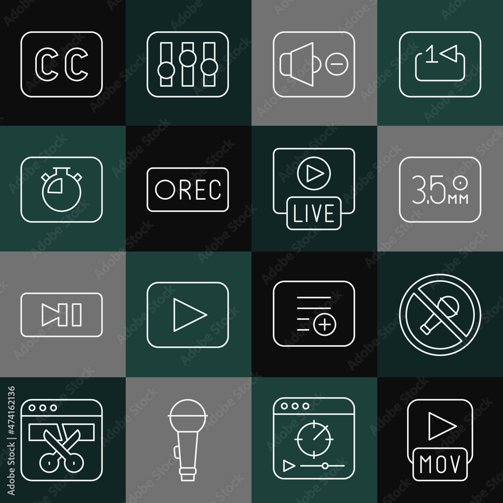 Set line MOV file, Mute microphone, Audio jack, Speaker mute, Record button, Stopwatch, Subtitles and Live stream icon. Vector Set line MOV file, Mute microphone, Audio jack, Speaker mute, Record button, Stopwatch, Subtitles and Live stream icon. Vector