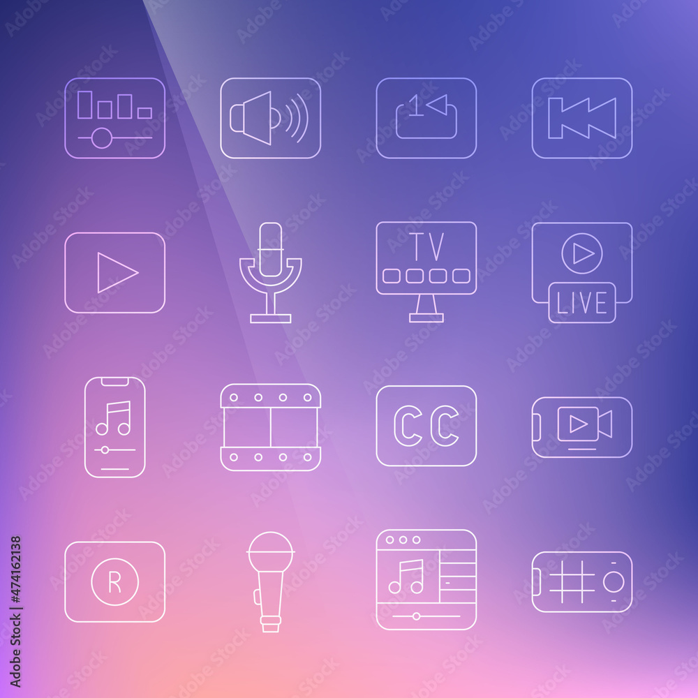 Set line Selfie on mobile, Online play video, Live stream, Repeat track music player, Microphone, Play button, Music equalizer and Smart Tv icon. Vector Set line Selfie on mobile, Online play video, Live stream, Repeat track music player, Microphone, Play button, Music equalizer and Smart Tv icon. Vector