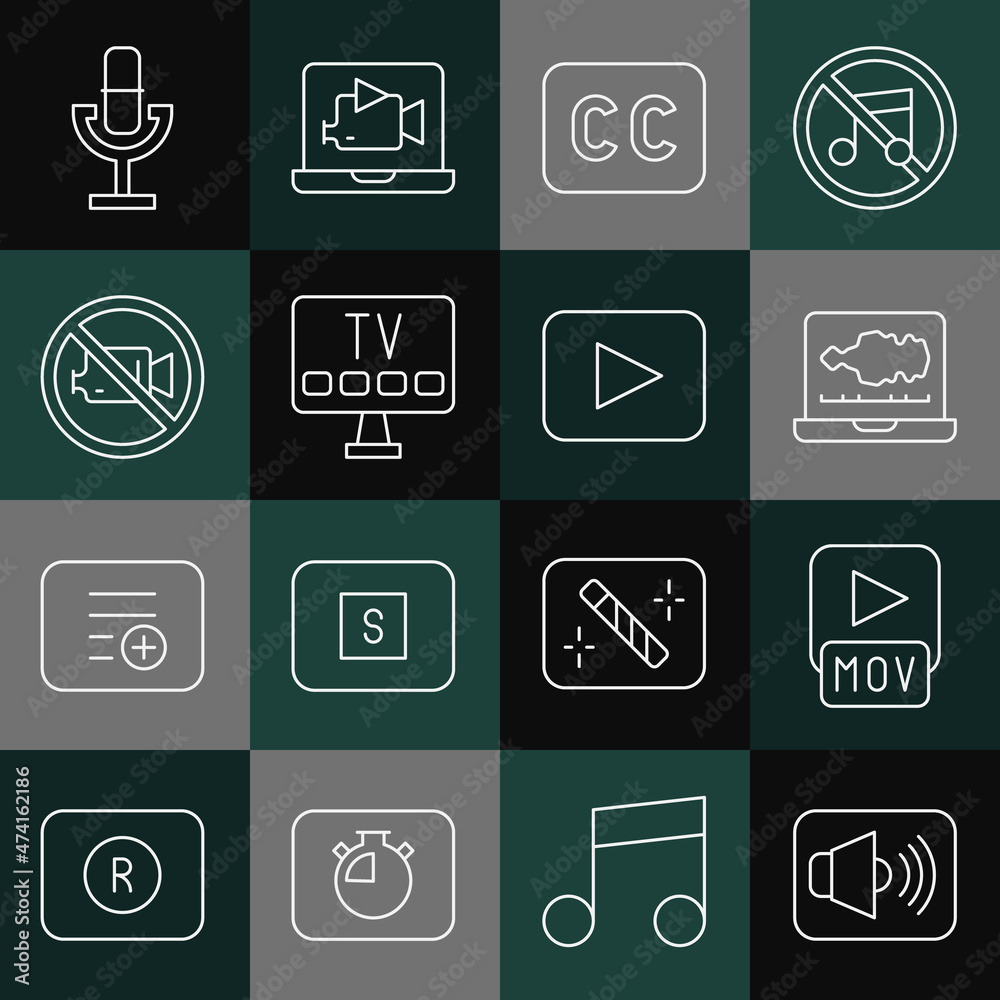 Set line Speaker volume, MOV file, Sound or audio recorder, Subtitles, Smart Tv, Prohibition no video recording, Microphone and Play button icon. Vector Set line Speaker volume, MOV file, Sound or audio recorder, Subtitles, Smart Tv, Prohibition no video recording, Microphone and Play button icon. Vector