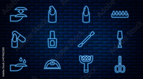 Set line Nail scissors, polish, manicure, Bottle of nail, file, False nails, Cuticle pusher and Broken icon. Vector