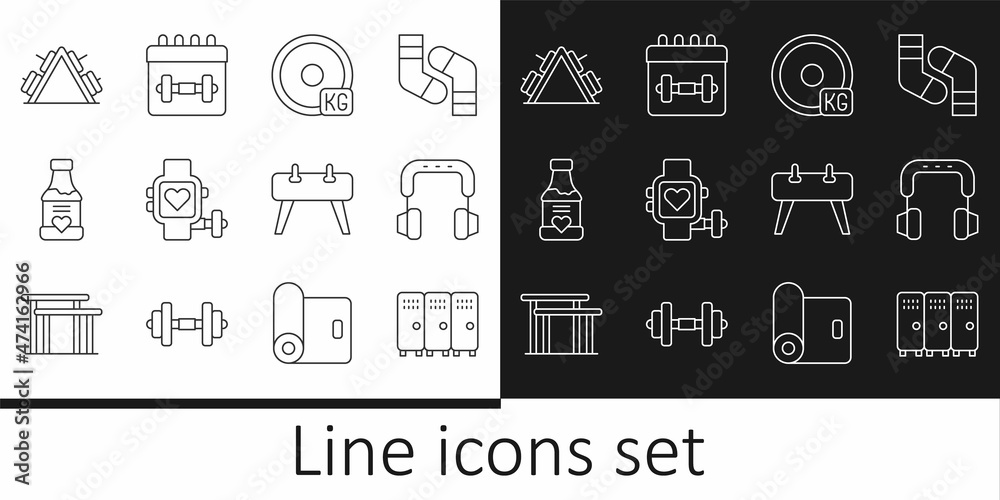 Set line Locker or changing room, Headphones, Weight plate, Smart watch with heart, Vitamins, Metal rack weight, Pommel horse and Calendar fitness icon. Vector