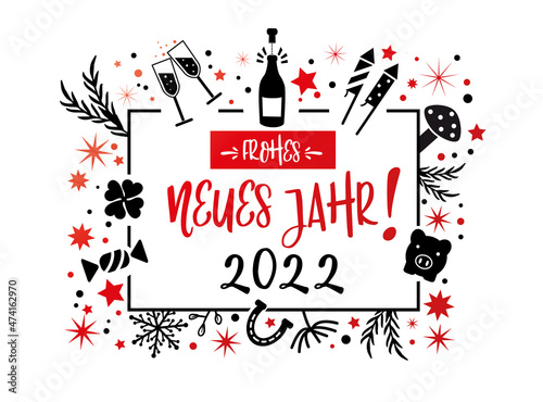 frohes neues Jahr 2022 Kalligraphie mit Symbolen - Grußkarte mit Feuerwerk, Sekt, Sternen und Glücksbringern rot und schwarz