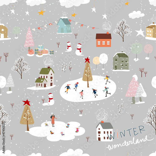 Seamless pattern Winter wonderland landscape in village,Vector Happy kid playing ice skates in the park, Endless Winter city nightlife on holiday for Christmas and new year 2022 background